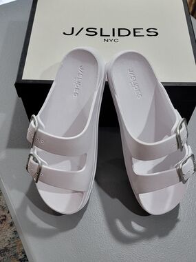 J/SLIDES White Double-Buckle Slide Sandals with Silver Buckles